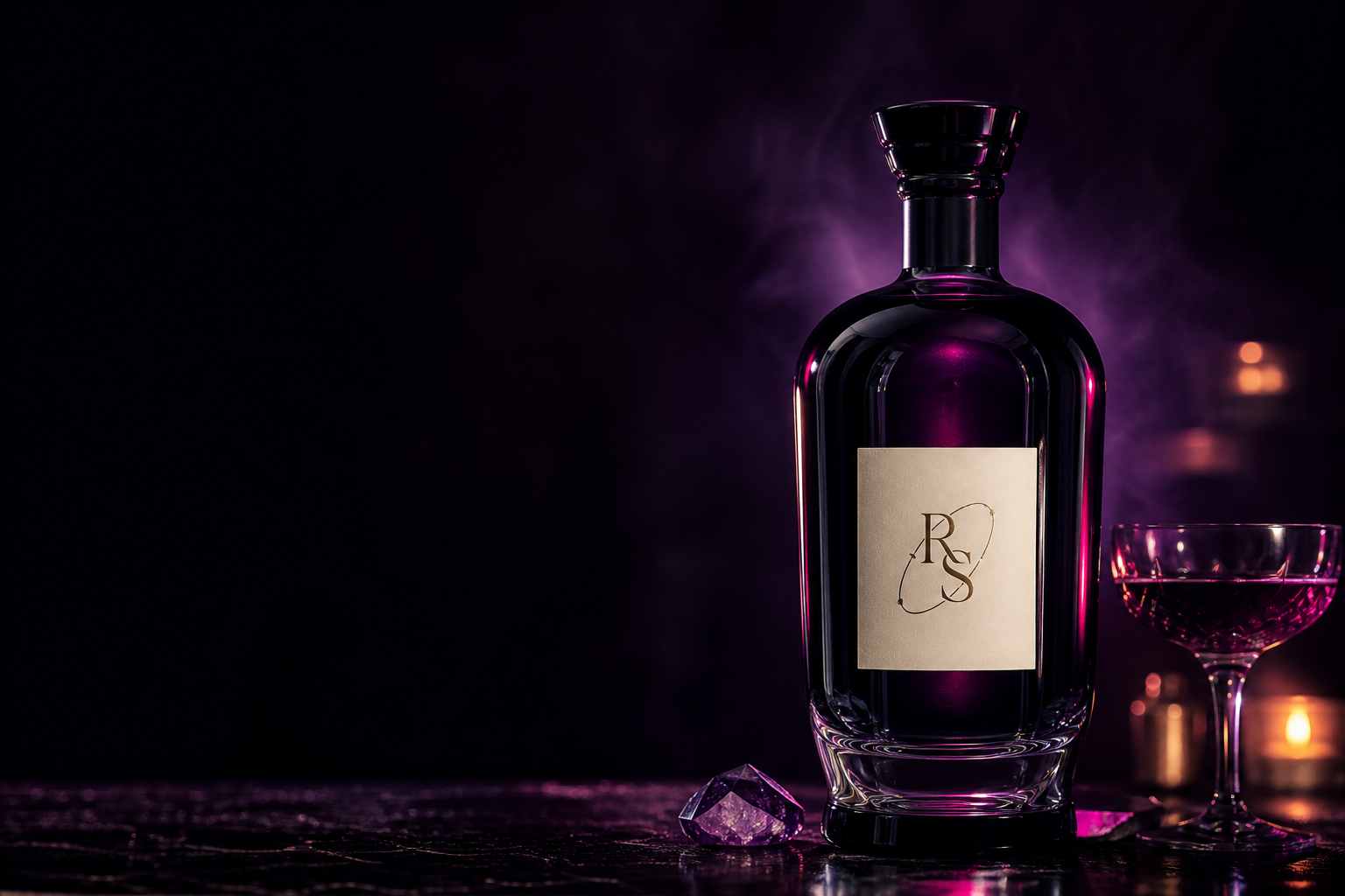 A Real Spirits bottle glowing violet and magenta beside a coupe glass